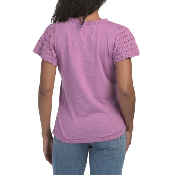 DEMOCRACY Purple Crochet Flutter Sleeve Scoop Neck Knit Top - Picture 2 of 2